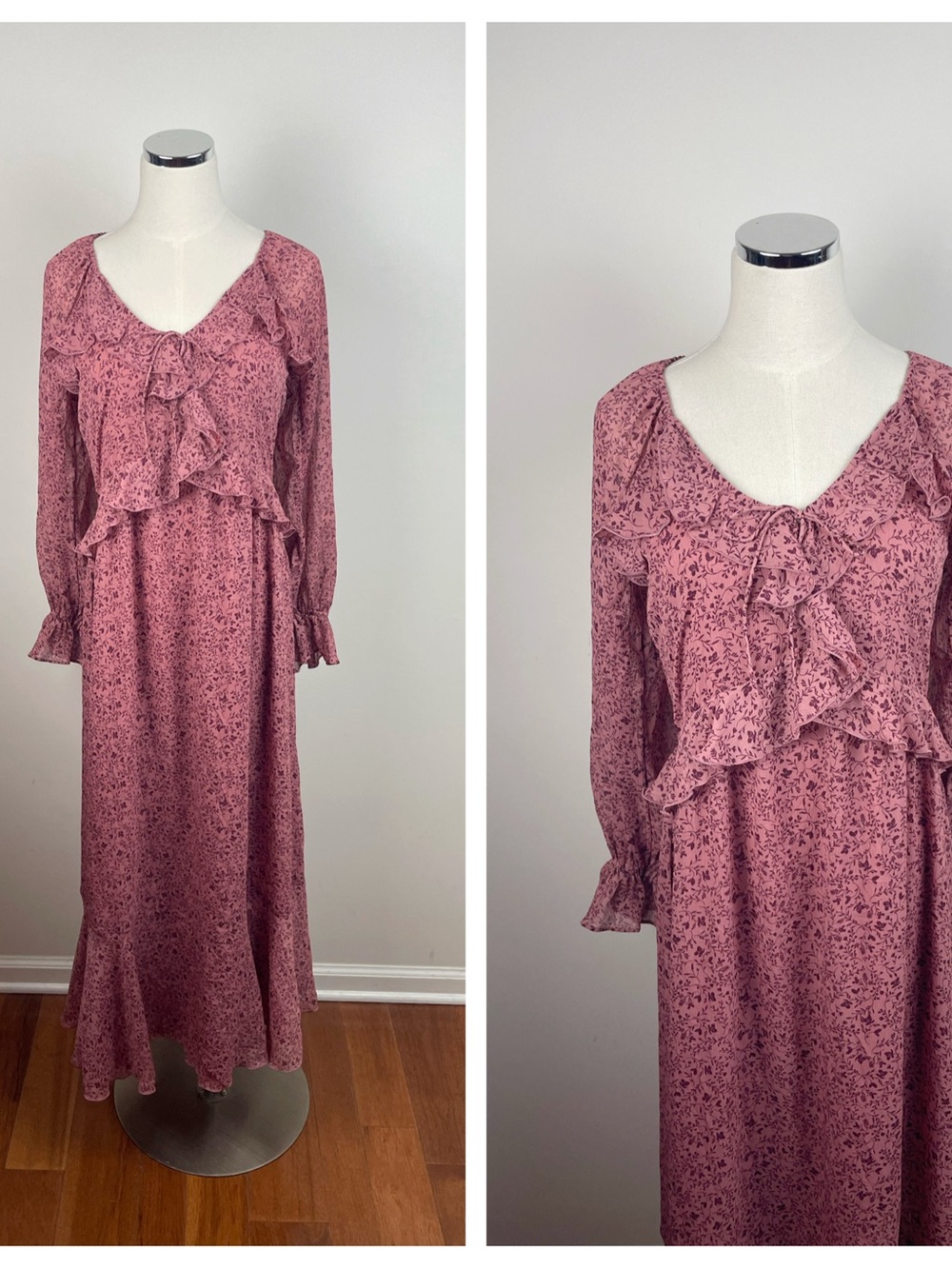 LOFT Pink Red Floral Maxi Dress Ruffle Long Sleeve Boho Cottagecore Women Small
